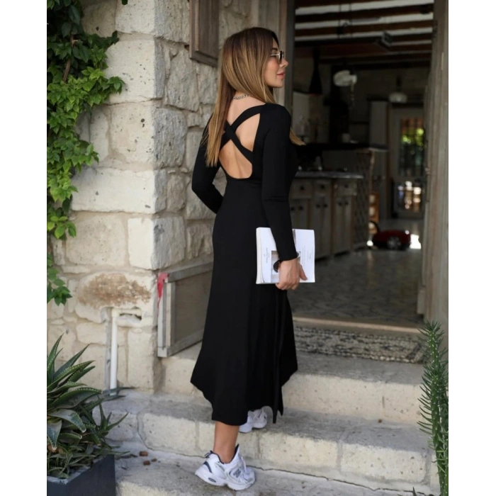 Kadın Uzun Kollu Bisiklet Yaka Arkası çapraz Detaylı Viskon Iki Iplik Maxi Elbise