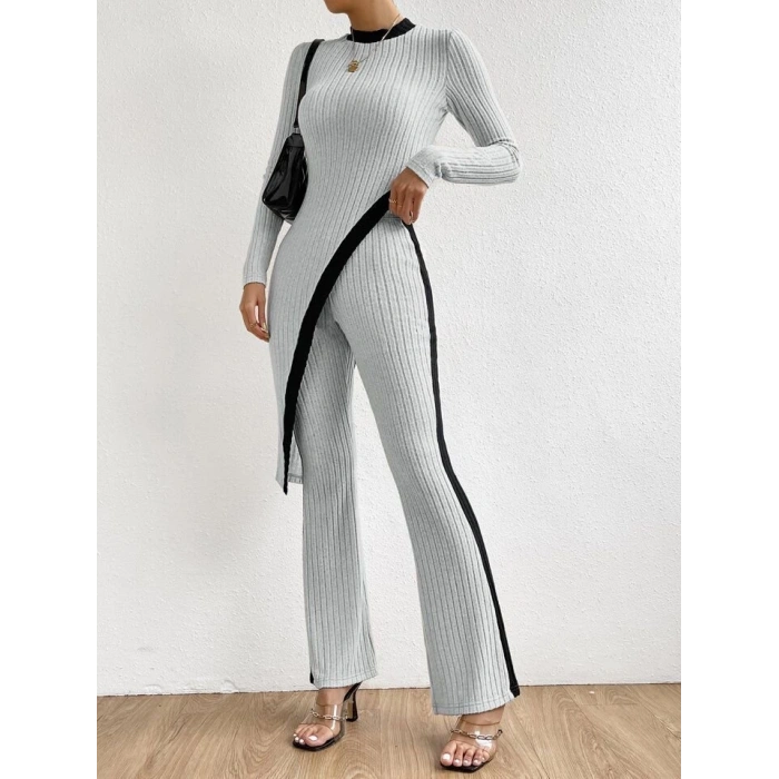 Kadın Uzun Kollu Bisiklet Yaka Asimetrik Kesim Bluz şardonlu Kaşkorse Bluz Ve Pantolon Ikili Takım