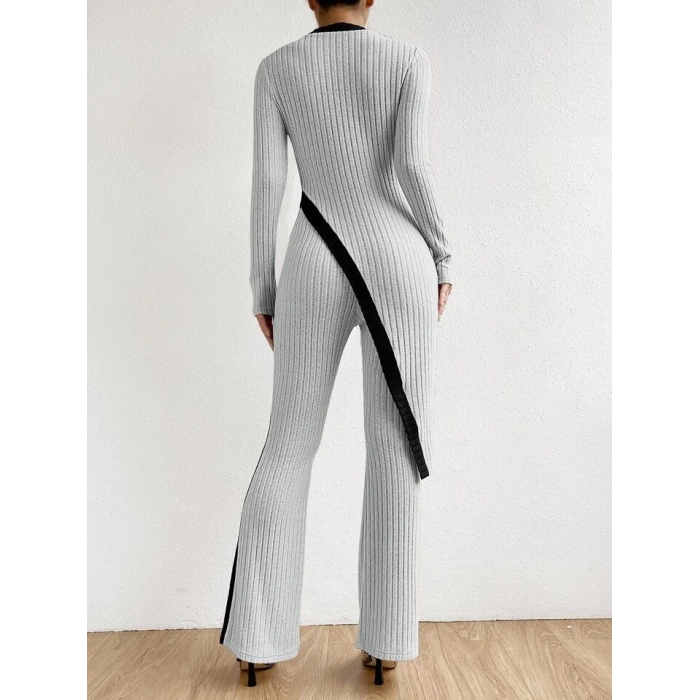 Kadın Uzun Kollu Bisiklet Yaka Asimetrik Kesim Bluz şardonlu Kaşkorse Bluz Ve Pantolon Ikili Takım