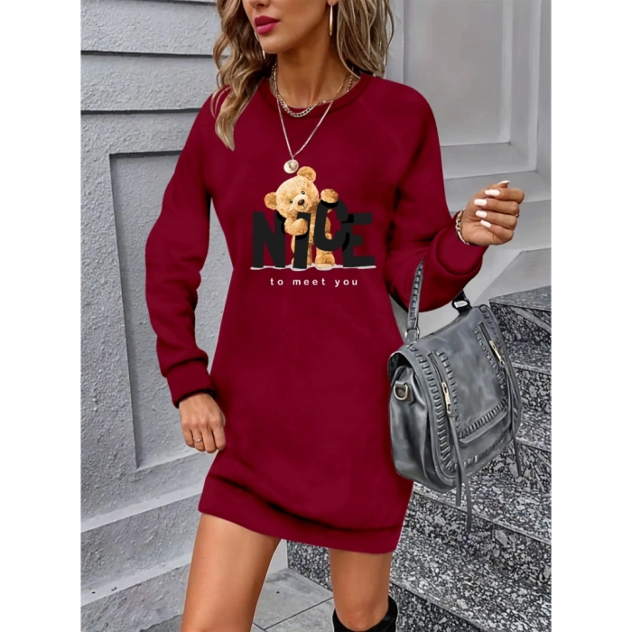 Kadın Uzun Kollu Bisiklet Yaka Ayı Desenli Viskon Iki Iplik Elbise