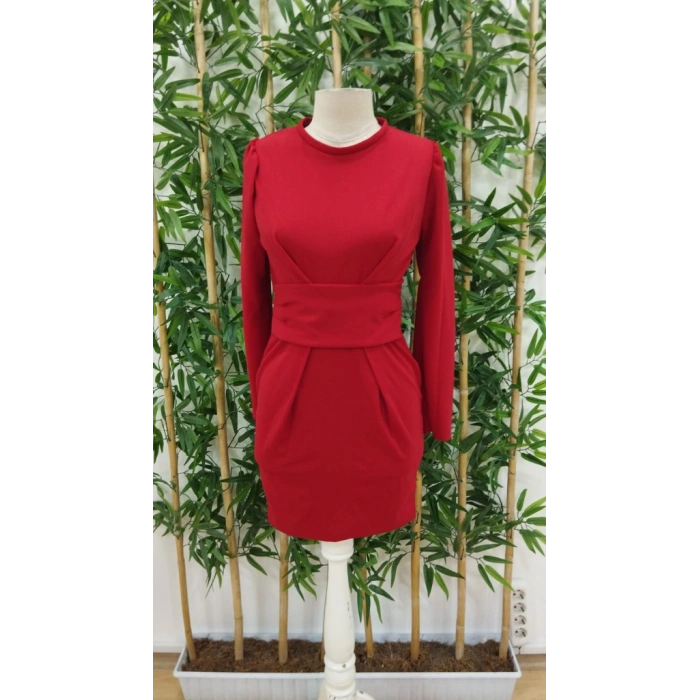 Kadın Uzun Kollu Bisiklet Yaka Bel Kemer Detay Ithal Krep Elbise