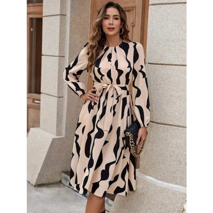 Kadın Uzun Kollu Bisiklet Yaka Belden Bağlamalı Desenli Belden Kuşaklı Mikro Süprem Midi Elbise