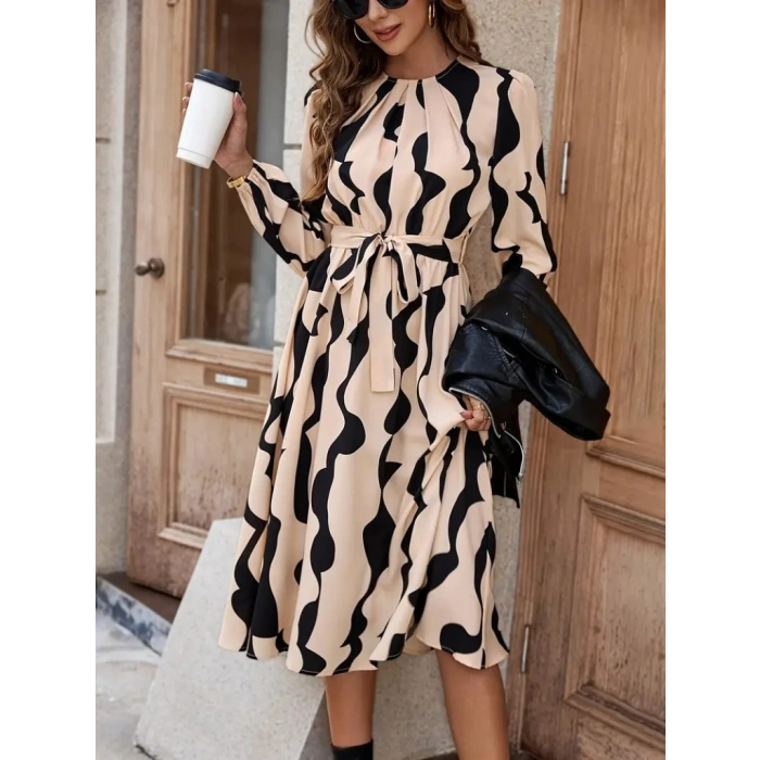 Kadın Uzun Kollu Bisiklet Yaka Belden Bağlamalı Desenli Belden Kuşaklı Mikro Süprem Midi Elbise