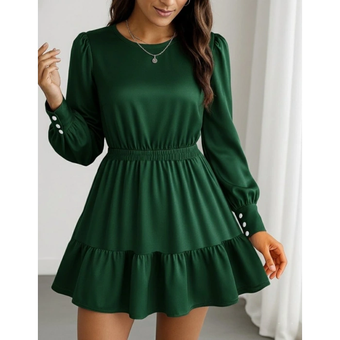 Kadın Uzun Kollu Bisiklet Yaka Beli Lastikli Fırfırlı Ithal Krep Elbise