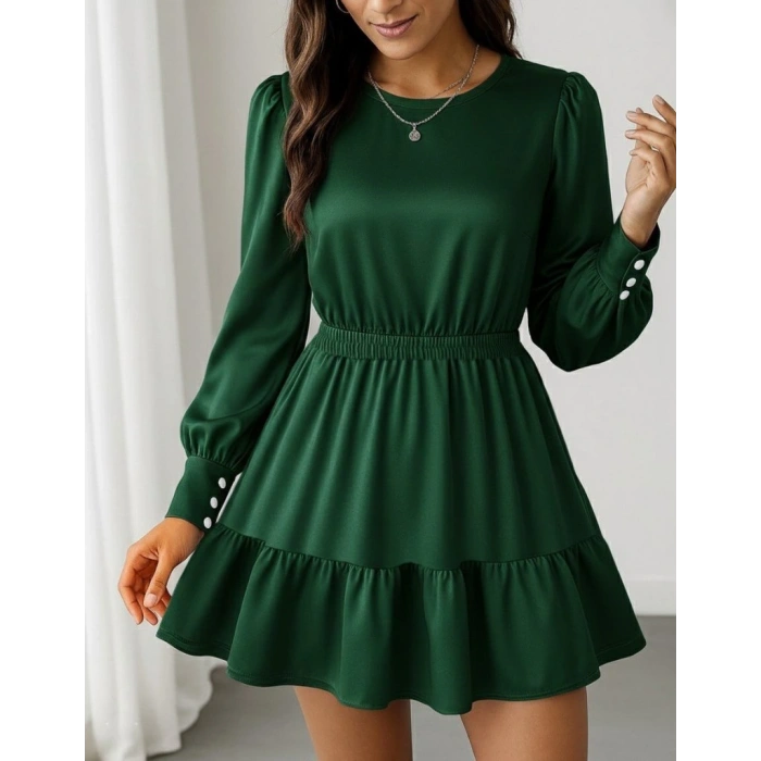 Kadın Uzun Kollu Bisiklet Yaka Beli Lastikli Fırfırlı Ithal Krep Elbise