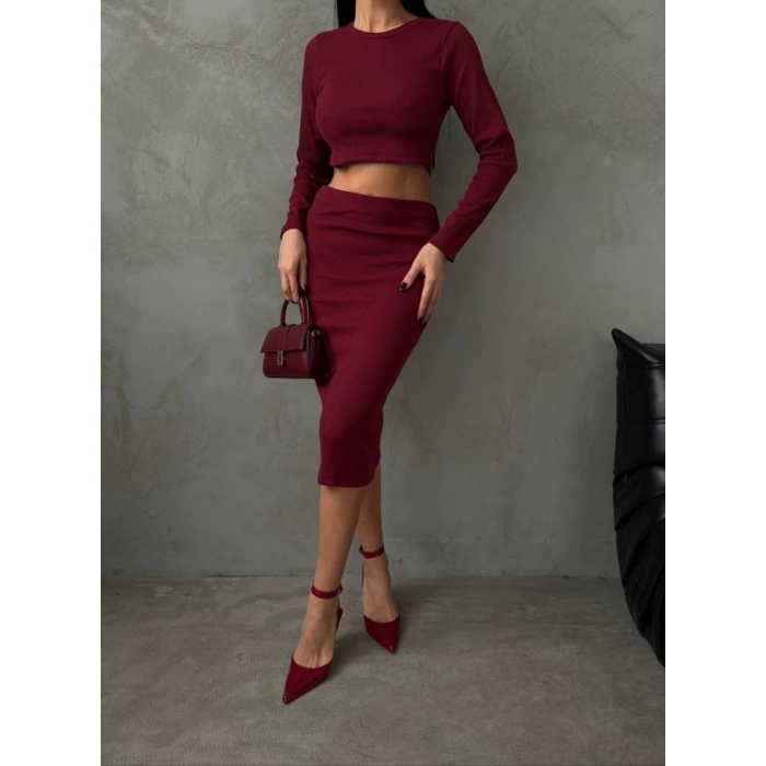 Kadın Uzun Kollu Bisiklet Yaka Crop Ve Midi Boy Kaşkorse Kumaş Etek Ikili Takım