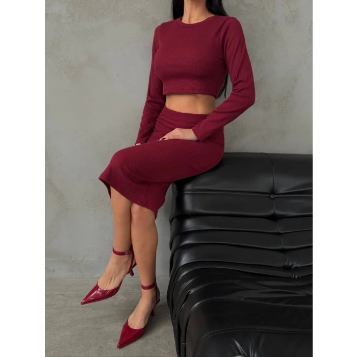 Kadın Uzun Kollu Bisiklet Yaka Crop Ve Midi Boy Kaşkorse Kumaş Etek Ikili Takım