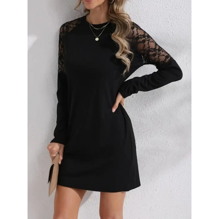 Kadın Uzun Kollu Bisiklet Yaka Dantel Detaylı Visk8n Iki Iplik Düğmeli Mini Elbise