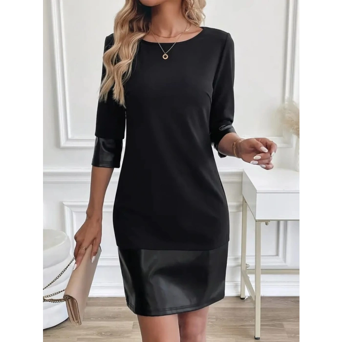 Kadın Uzun Kollu Bisiklet Yaka Deri Detaylı Ithal Krep Elbise