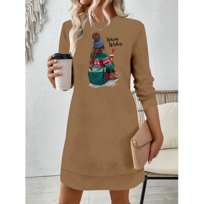 Kadın Uzun Kollu Bisiklet Yaka Desenli Viskon Iki Iplik Elbise