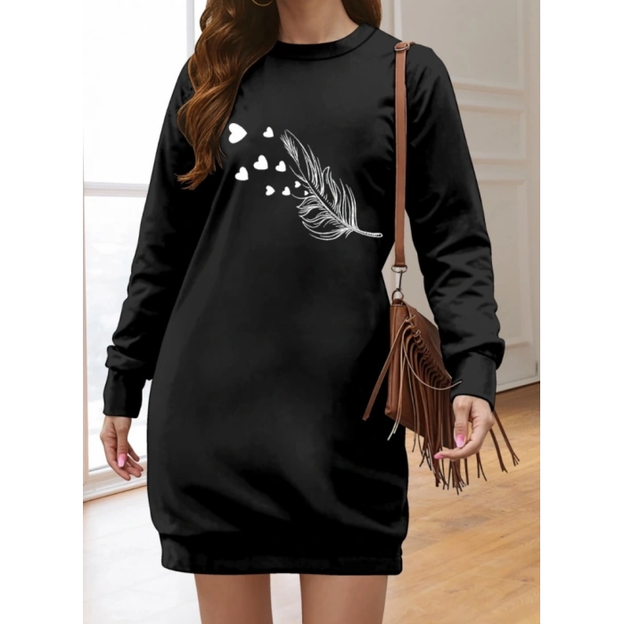 Kadın Uzun Kollu Bisiklet Yaka Desenli Viskon Iki Iplik Elbise