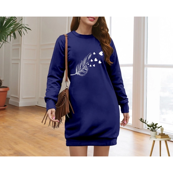 Kadın Uzun Kollu Bisiklet Yaka Desenli Viskon Iki Iplik Elbise