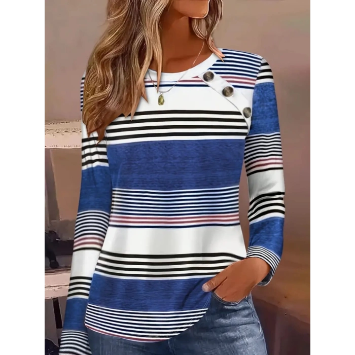 Kadın Uzun Kollu Bisiklet Yaka Düğme Detaylı Desenli Süprem Bluz