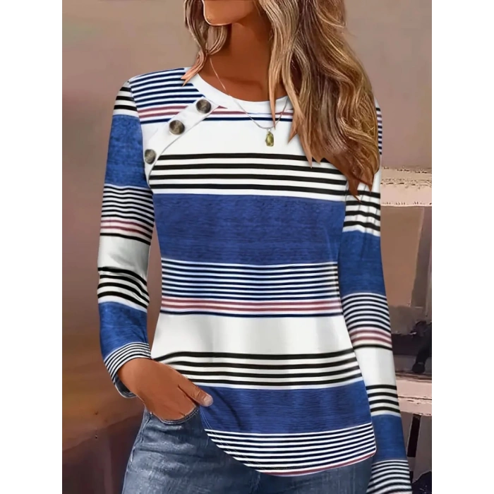 Kadın Uzun Kollu Bisiklet Yaka Düğme Detaylı Desenli Süprem Bluz