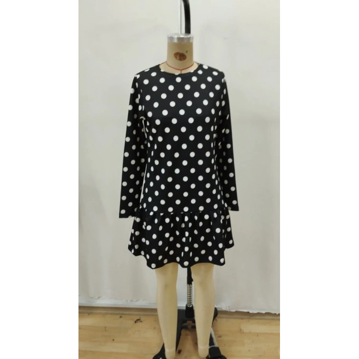 Kadın Uzun Kollu Bisiklet Yaka Fırfırlı Puantiyeli Kısa Modal Elbise