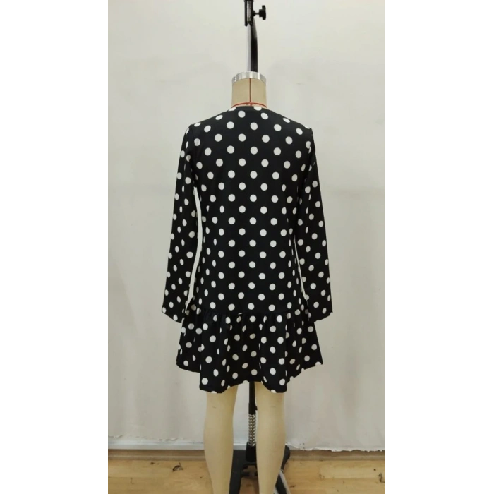 Kadın Uzun Kollu Bisiklet Yaka Fırfırlı Puantiyeli Kısa Modal Elbise