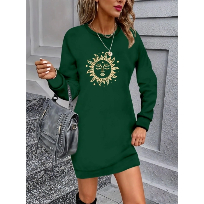 Kadın Uzun Kollu Bisiklet Yaka Güneş Desenli Viskon Iki Iplik Elbise