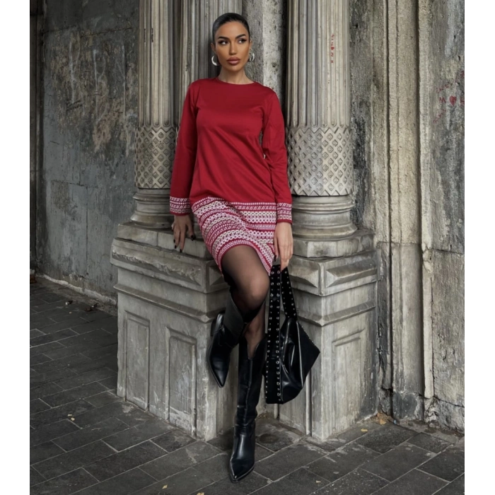 Kadın Uzun Kollu Bisiklet Yaka Kol Ağzı Ve Etek Ucu Baskılı Iki Iplik Elbise