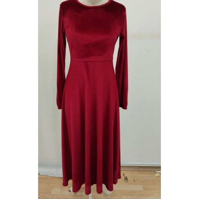 Kadın Uzun Kollu Bisiklet Yaka Midi Kadife Elbise