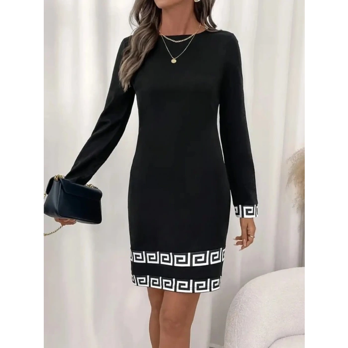 Kadın Uzun Kollu Bisiklet Yaka Mini Ithal Krep Elbise