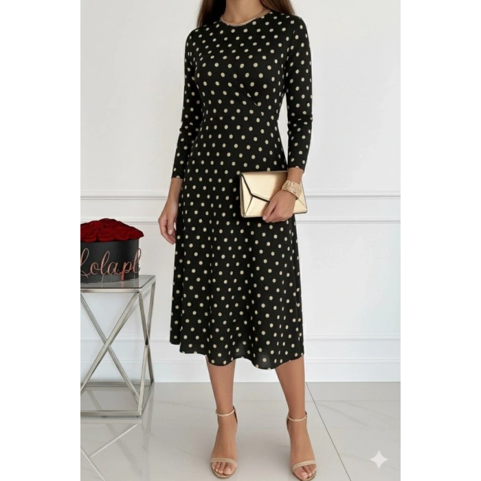 Kadın Uzun Kollu Bisiklet Yaka Puantiyeli örme Krep Midi Elbise