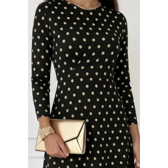 Kadın Uzun Kollu Bisiklet Yaka Puantiyeli örme Krep Midi Elbise