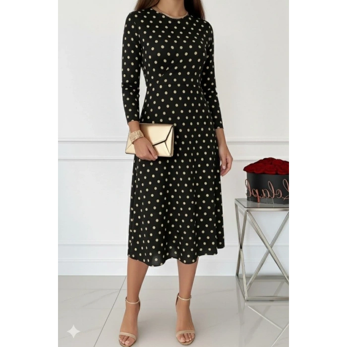 Kadın Uzun Kollu Bisiklet Yaka Puantiyeli örme Krep Midi Elbise