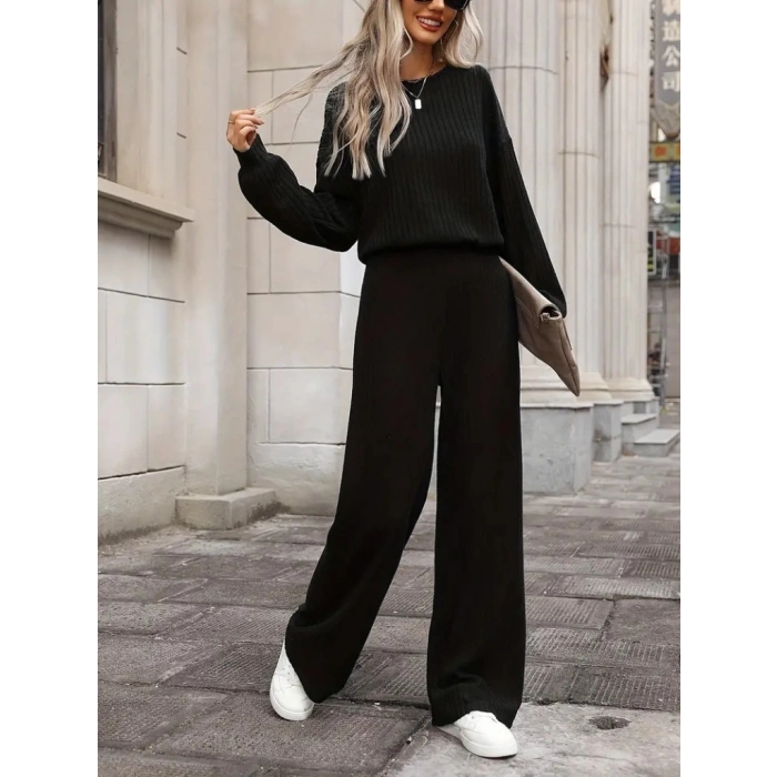 Kadın Uzun Kollu Bisiklet Yaka şardonlu Dalgıç Bluz Ve Pantolon Ikili Takım