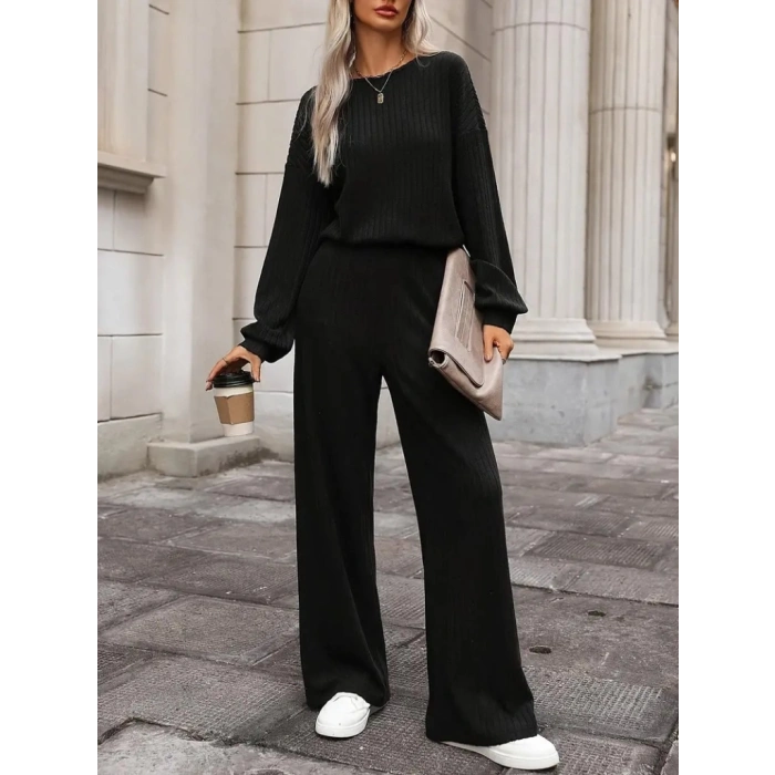 Kadın Uzun Kollu Bisiklet Yaka şardonlu Dalgıç Bluz Ve Pantolon Ikili Takım