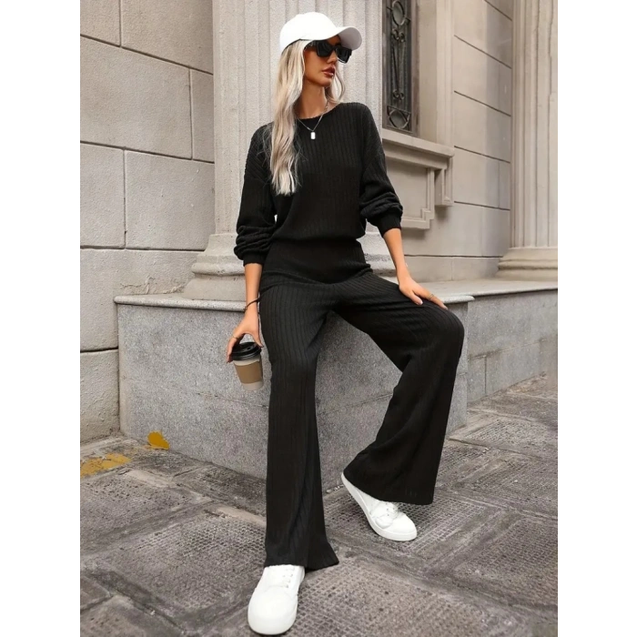 Kadın Uzun Kollu Bisiklet Yaka şardonlu Dalgıç Bluz Ve Pantolon Ikili Takım