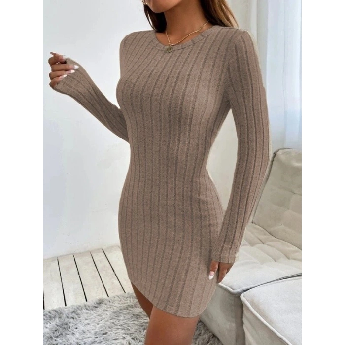 Kadın Uzun Kollu Bisiklet Yaka şardonlu Kalın Fitilli Kaşkorse Mini Boy Elbise