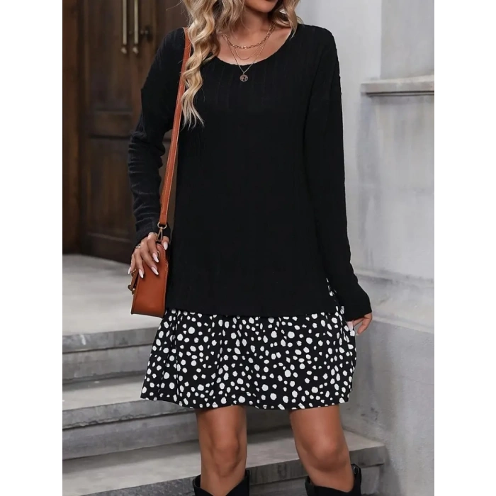 Kadın Uzun Kollu Bisiklet Yaka şardonlu Kaşkorse Bluz Ve Süprem Etek Elbise