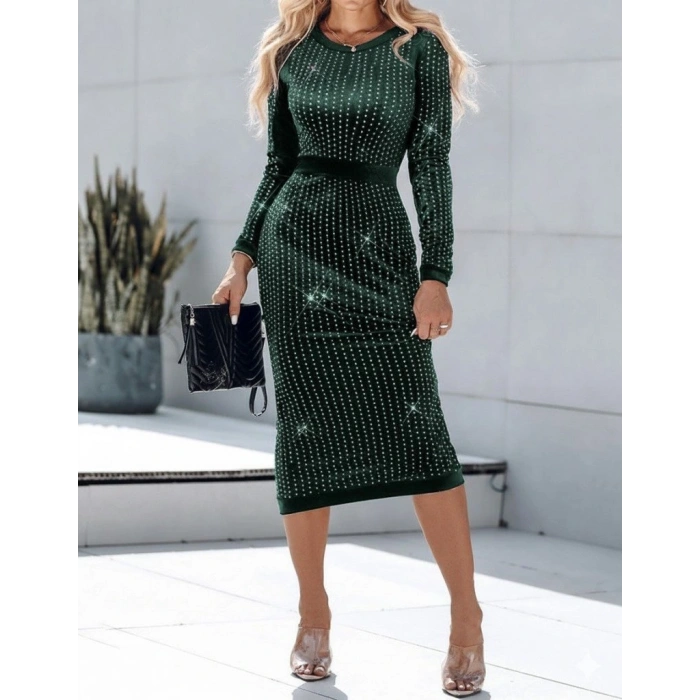 Kadın Uzun Kollu Bisiklet Yaka Taşlı Midi Kadife Elbise