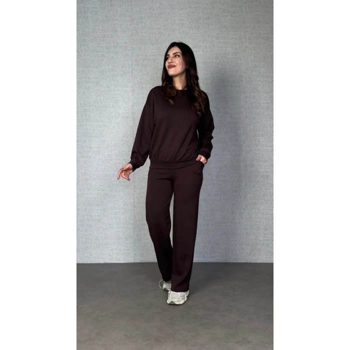 Kadın Uzun Kollu Bisiklet Yaka Viskon Iki Iplik Bluz Ve Pantolon Ikili Takım