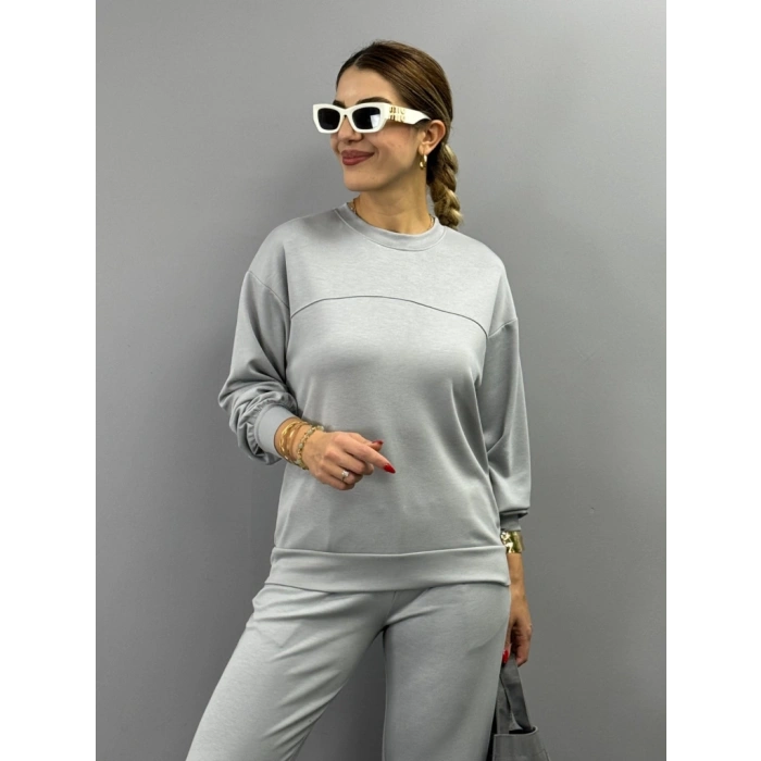 Kadın Uzun Kollu Bisiklet Yaka Viskon Iki Iplik Bluz Ve Pantolon Ikili Takım