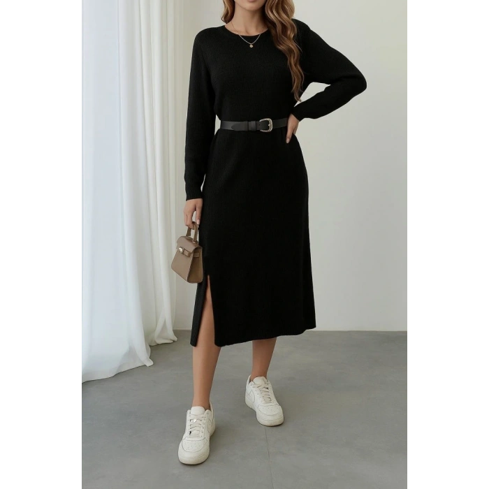 Kadın Uzun Kollu Bisiklet Yaka Yandan Yırtmaçlı Midi Triko Elbise