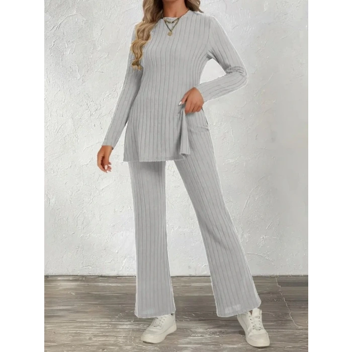 Kadın Uzun Kollu Bisiklet Yaka Yandan Yırtmaçlı şardonlu Kaşkorse Bluz Ve Pantolon Ikili Takım