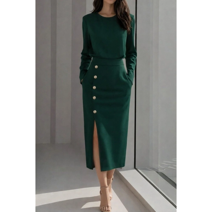 Kadın Uzun Kollu Bisiklet Yakalı Yandan Yırtmaçlı Düğmeli Midi Ithal Krep Elbise