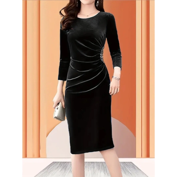 Kadın Uzun Kollu Bot Yaka Yanı Taş Detaylı Midi Kadife Elbise