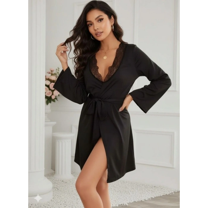 Kadın Uzun Kollu Dantel Yakalı Belden Kuşaklı Viskon Gecelik