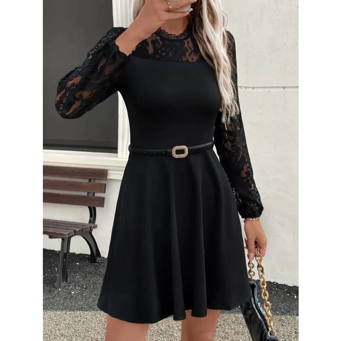 Kadın Uzun Kollu Dantelli Kloş Mini Ithal Krep Elbise