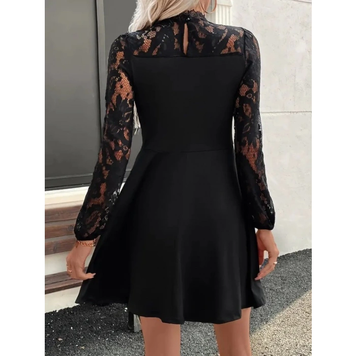Kadın Uzun Kollu Dantelli Kloş Mini Ithal Krep Elbise