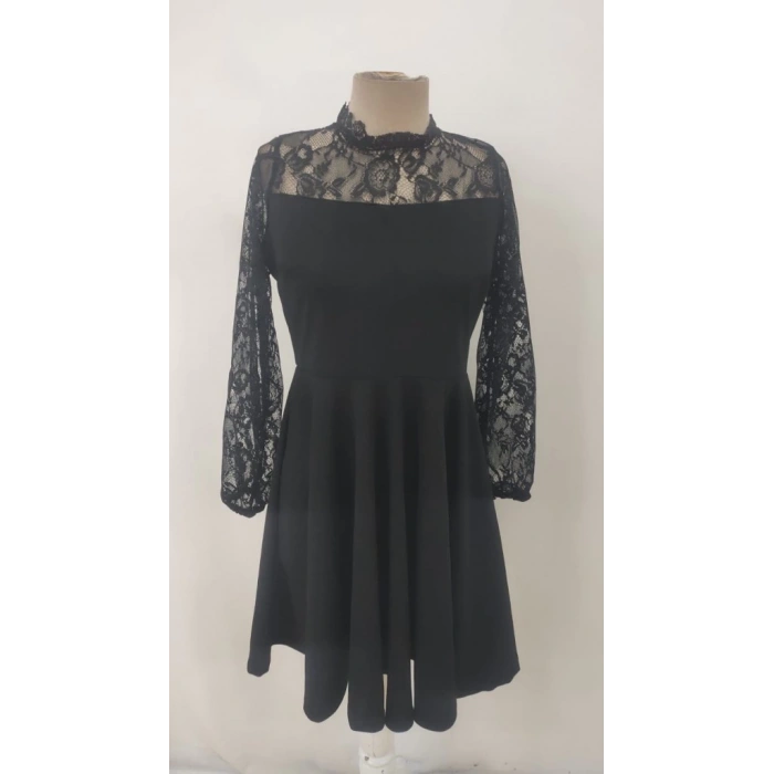 Kadın Uzun Kollu Dantelli Kloş Mini Ithal Krep Elbise