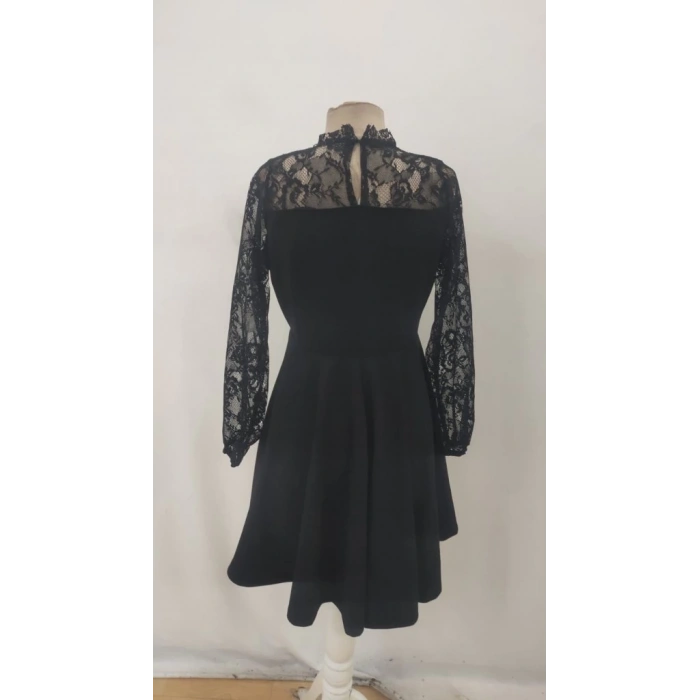 Kadın Uzun Kollu Dantelli Kloş Mini Ithal Krep Elbise