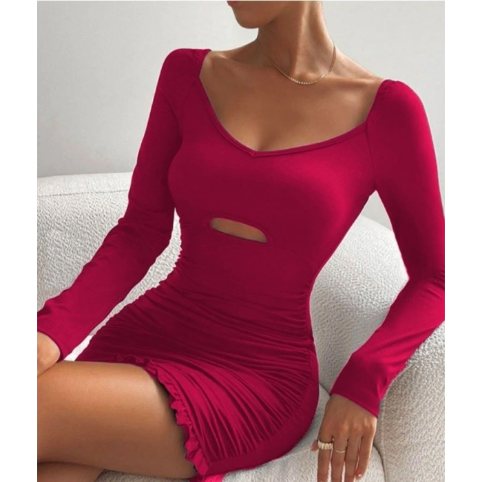 Kadın Uzun Kollu Derin V Yaka Göğüs Altı Dekolte Detay Etek Ucu Fırfırlı Sandy Mini Boy Elbise