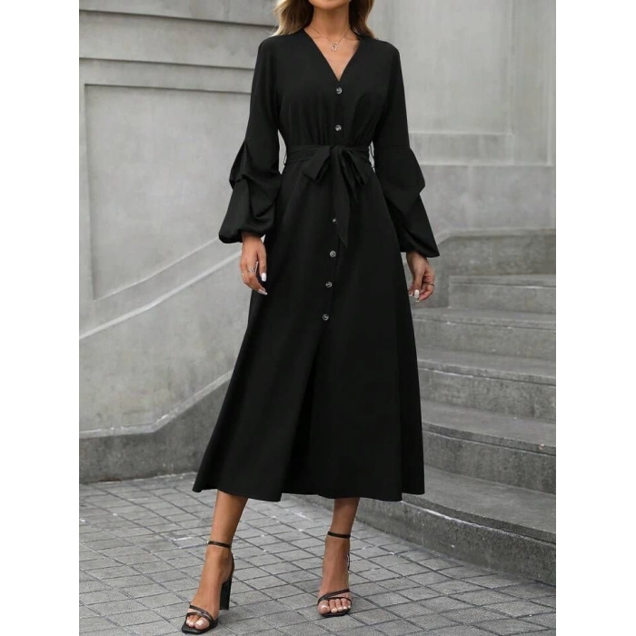 Kadın Uzun Kollu Derin V Yakalı Belden Kuşaklı önden Düğmeli Janjan Krep Elbise