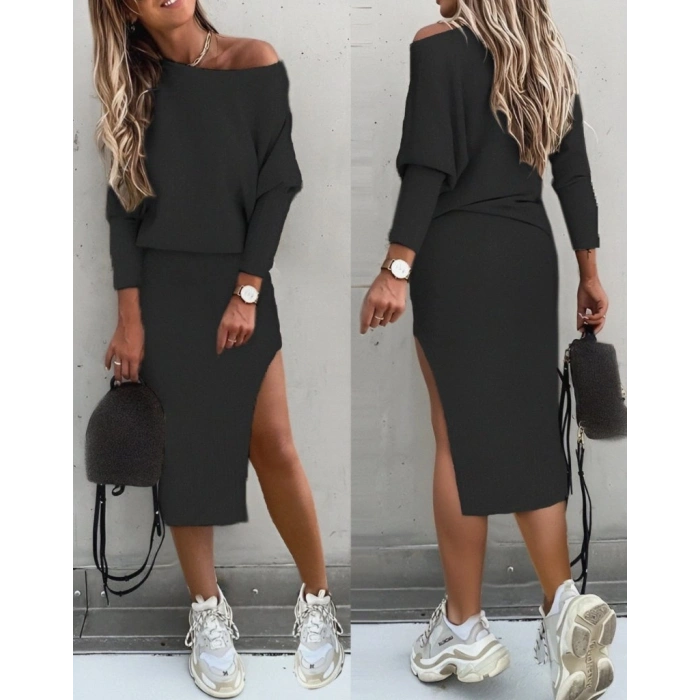 Kadın Uzun Kollu Düşük Omuz Yırtmaç Detay Kaşkorse Etek Bluz Ikili Takım