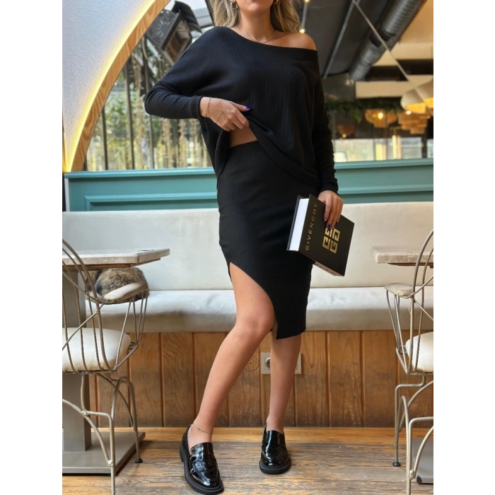 Kadın Uzun Kollu Düşük Omuz Yırtmaç Detay Kaşkorse Etek Bluz Ikili Takım