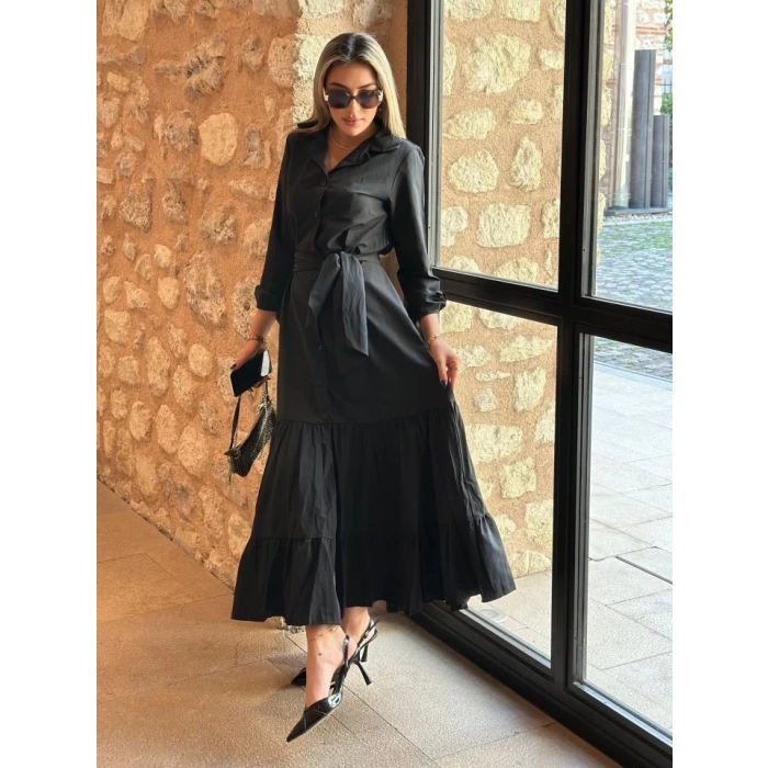 Kadın Uzun Kollu Eteği Fırfırlı Beli Kuşaklı Trikoton Tam Boy Gömlek Elbise