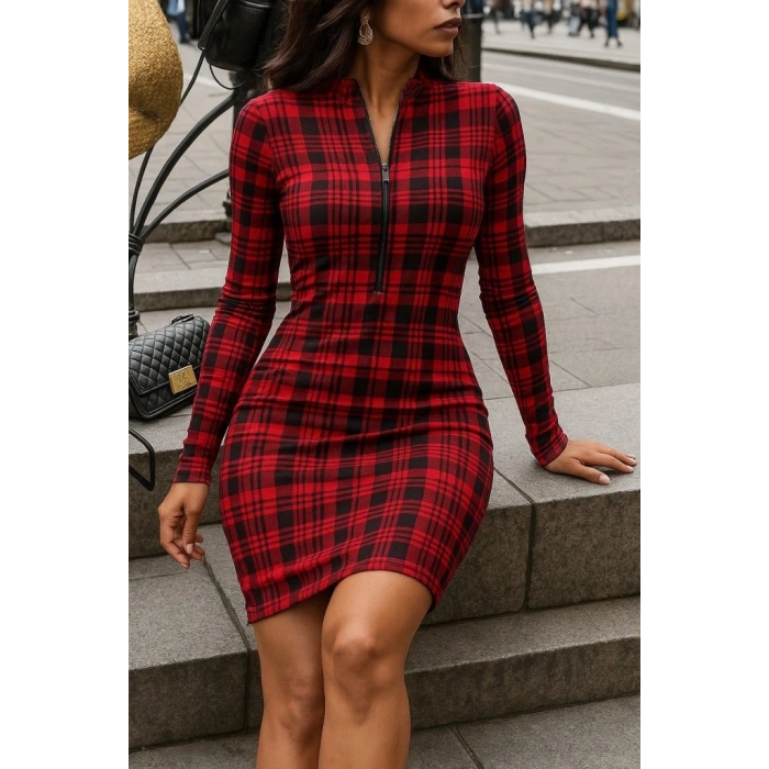 Kadın Uzun Kollu Fermuarlı Ekose Baskılı Dalgıç Elbise